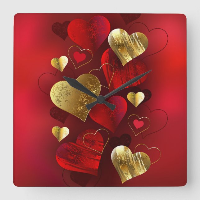 Golden and red valentines square wall clock (Front)