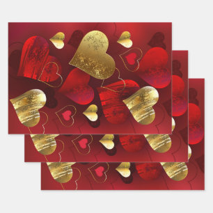 Golden and red valentines wrapping paper sheet