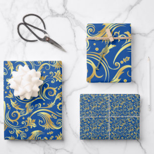 Golden and Royal Blue Scroll Wrapping Paper Sheet