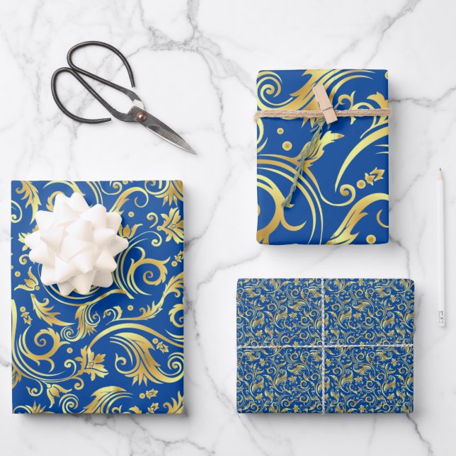 Golden and Royal Blue Scroll Wrapping Paper Sheet (Front)