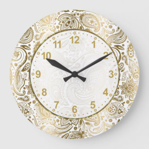 Golden And White Floral Paisley Large Clock
