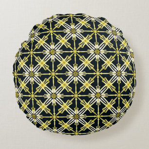 Golden and White Geometric Patterned Design Round Cushion