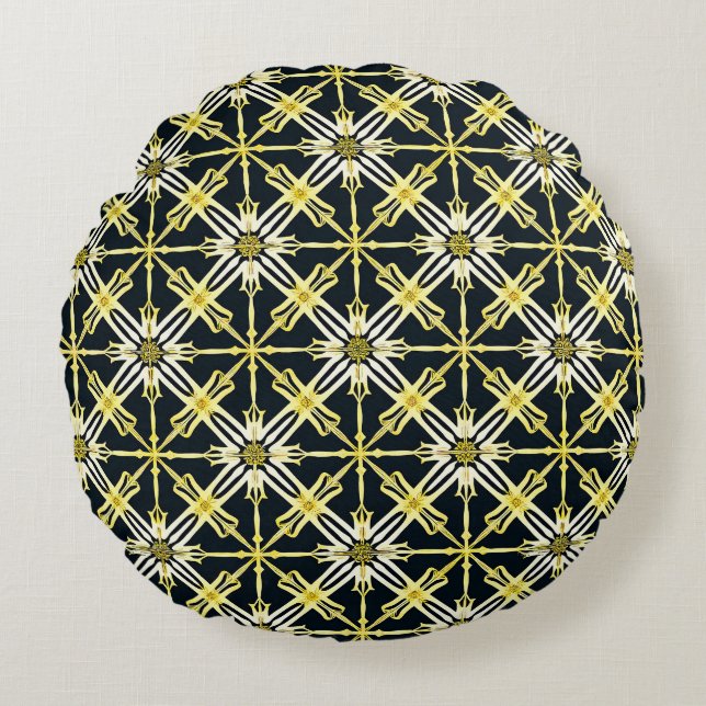 Golden and White Geometric Patterned Design Round Cushion (Front)