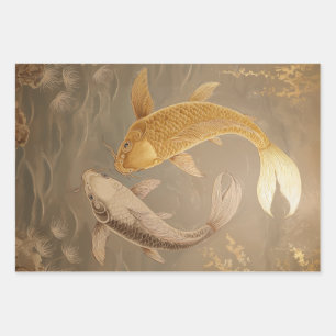 Golden and White Koi Fish Japanese Wrapping Paper 