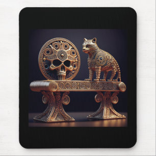 Golden Android Cat On Pedestal With Skull Shield Mouse Pad