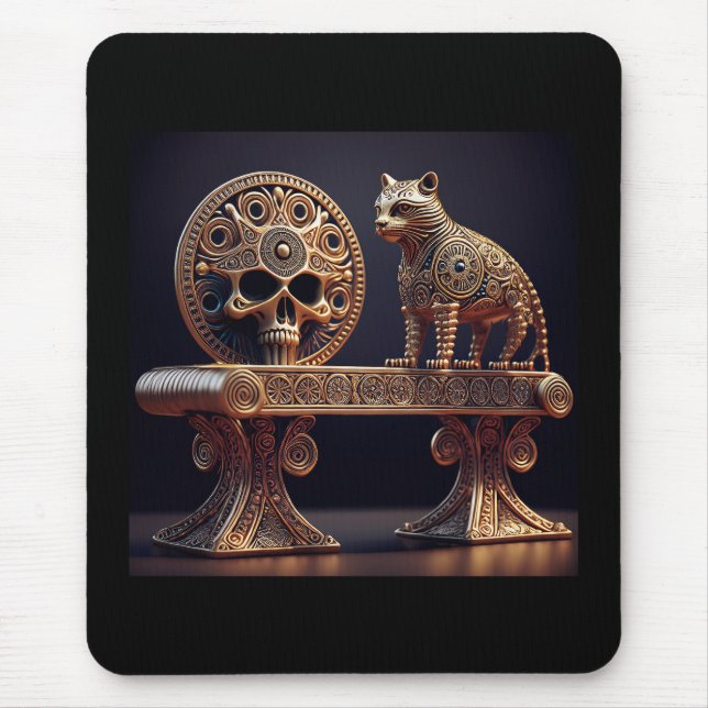 Golden Android Cat On Pedestal With Skull Shield Mouse Pad (Front)