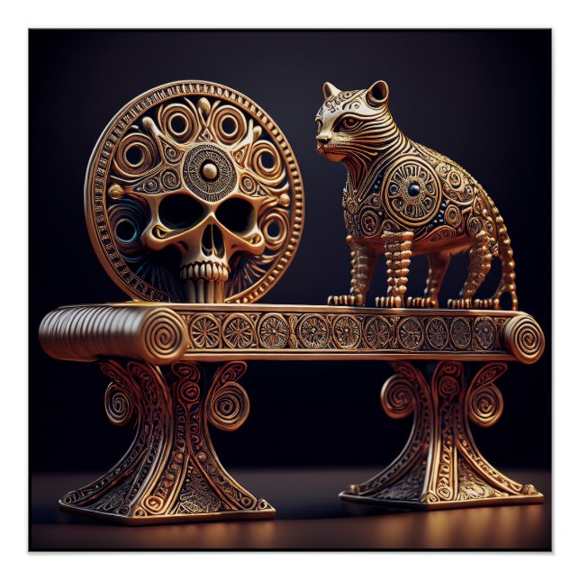 Golden Android Cat On Pedestal With Skull Shield Poster (Front)