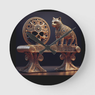 Golden Android Cat On Pedestal With Skull Shield Round Clock
