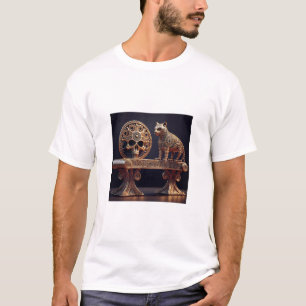 Golden Android Cat On Pedestal With Skull Shield T-Shirt