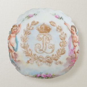 Golden Angel Cherubs Pink Wreath Round Pillow