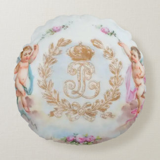 Golden Angel Cherubs Pink Wreath Round Pillow