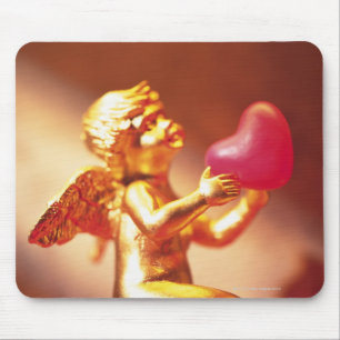 Golden angel holding pink heart, side view, soft mouse pad