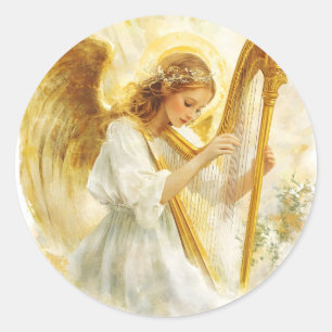 Golden Angel Modern Religious Catholic Angelic Art Classic Round Sticker