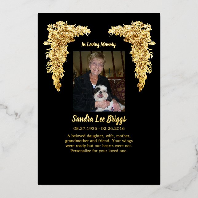 Golden Angel Wings In Memory thank you card (Front)