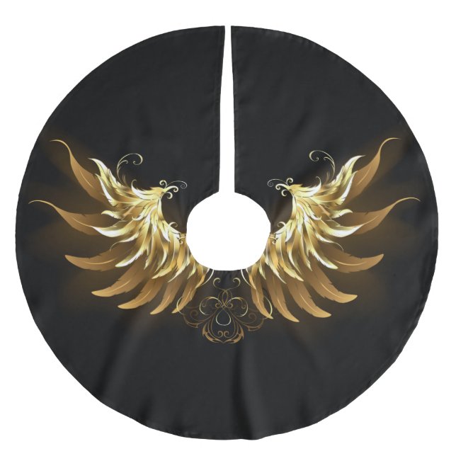 Golden Angel Wings on Black background Brushed Polyester Tree Skirt (Front)