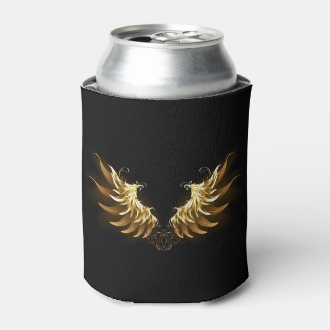 Golden Angel Wings on Black background Can Cooler (Can Front)