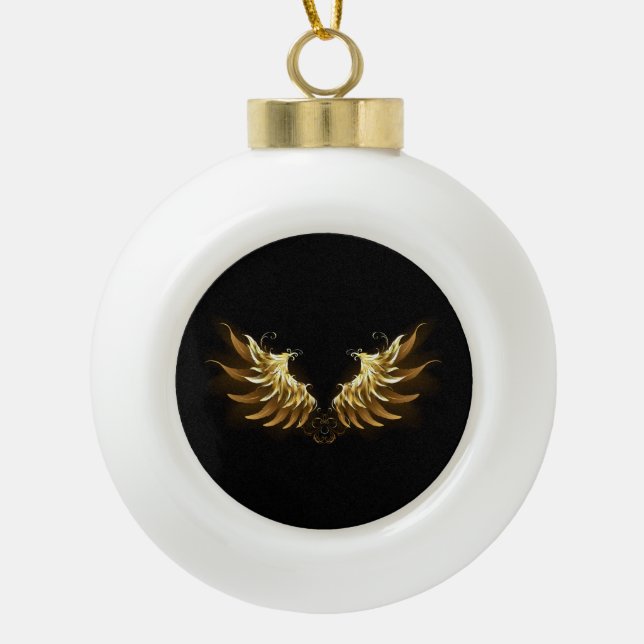 Golden Angel Wings on Black background Ceramic Ball Christmas Ornament (Front)