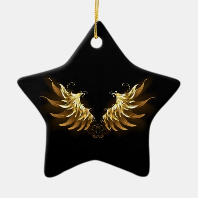 Golden Angel Wings on Black background Ceramic Ornament (Front)
