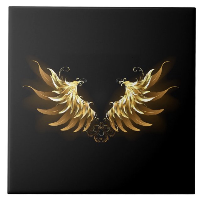 Golden Angel Wings on Black background Ceramic Tile (Front)