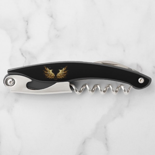 Golden Angel Wings on Black background Corkscrew (Front)