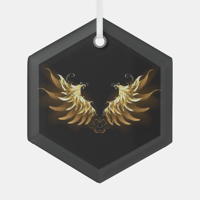 Golden Angel Wings on Black background Glass Tree Decoration (Front)