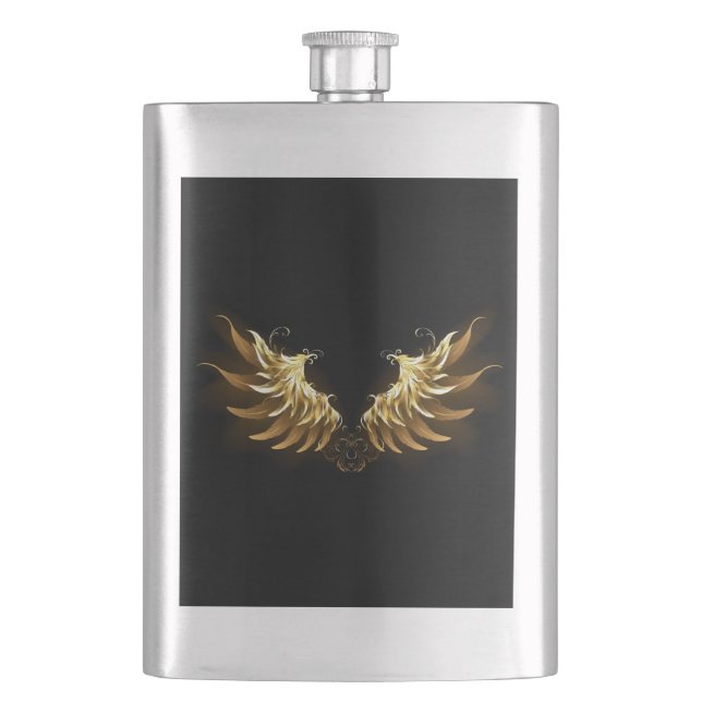Golden Angel Wings on Black background Hip Flask (Front)