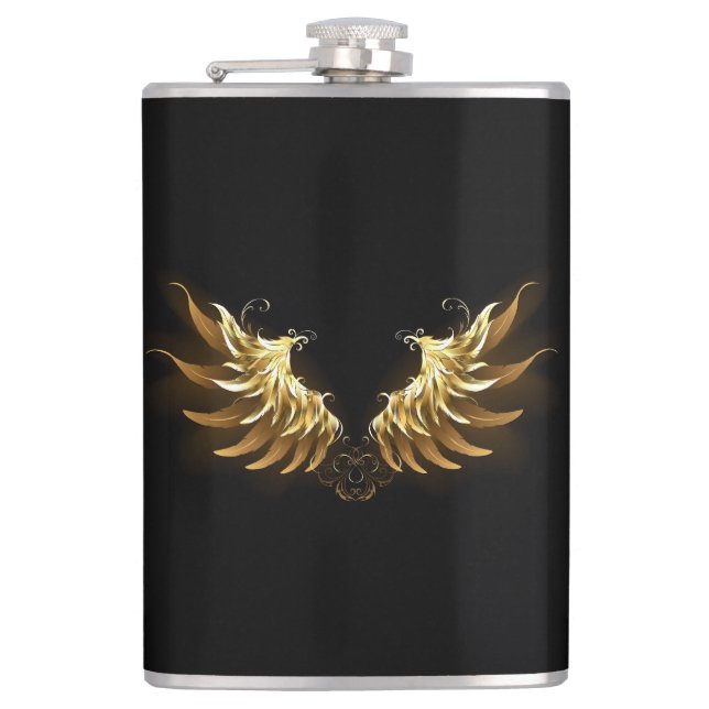 Golden Angel Wings on Black background Hip Flask (Front)