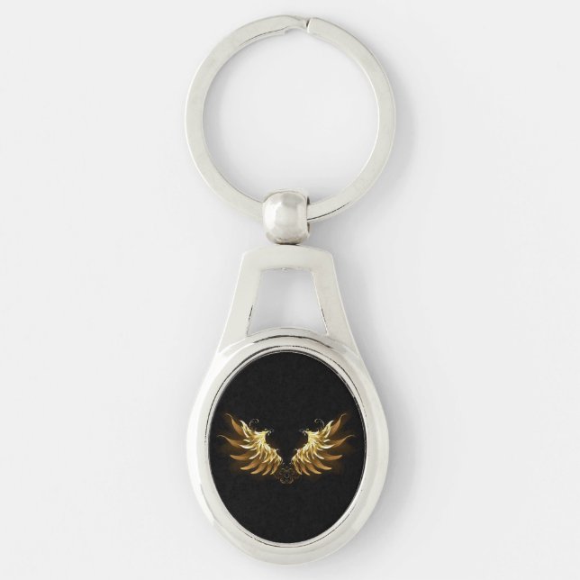 Golden Angel Wings on Black background Key Ring (Front)
