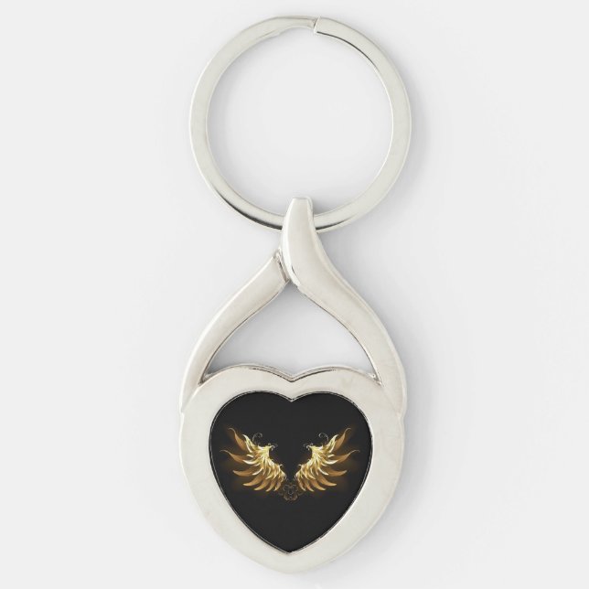 Golden Angel Wings on Black background Key Ring (Front)