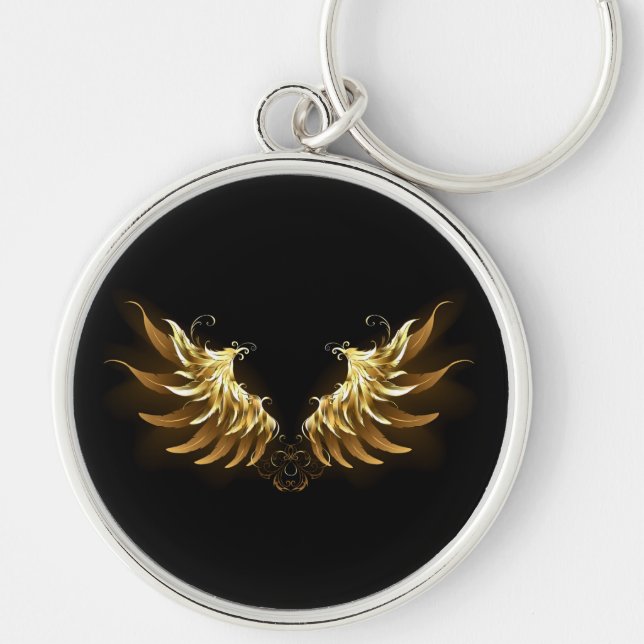 Golden Angel Wings on Black background Key Ring (Front)