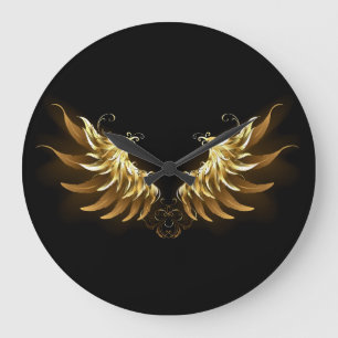 Golden Angel Wings on Black background Large Clock