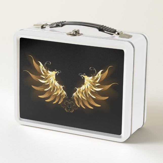 Golden Angel Wings on Black background Metal Lunch Box (Front)