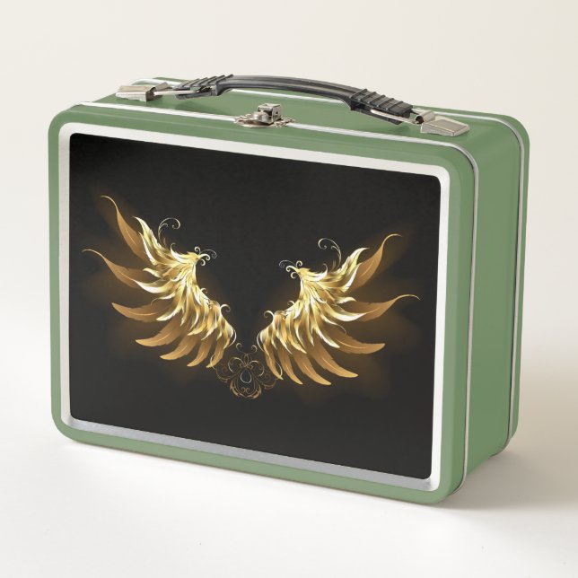 Golden Angel Wings on Black background Metal Lunch Box (Front)