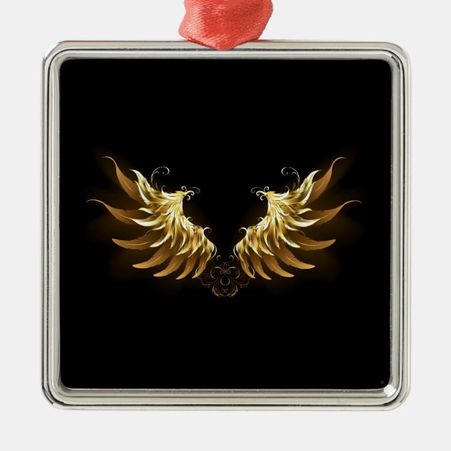 Golden Angel Wings on Black background Metal Ornament (Front)
