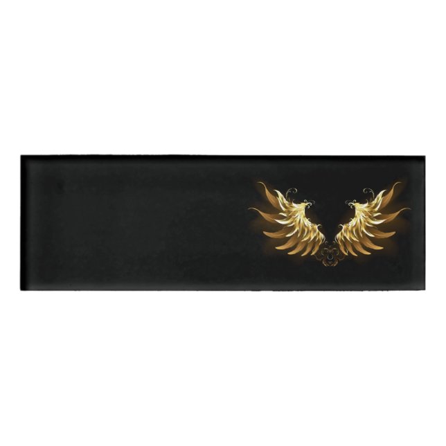 Golden Angel Wings on Black background Name Tag (Front)