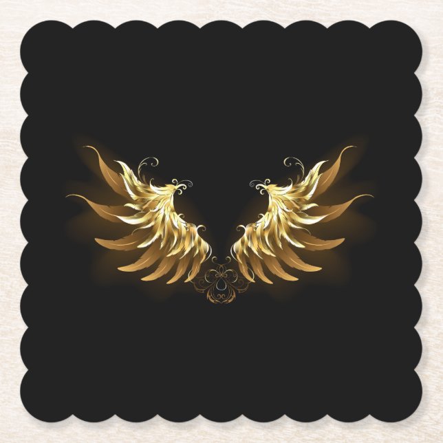 Golden Angel Wings on Black background Paper Coaster (Front)