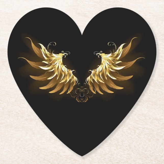 Golden Angel Wings on Black background Paper Coaster (Front)