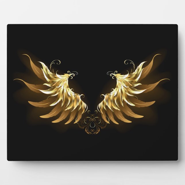 Golden Angel Wings on Black background Plaque (Front)