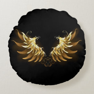 Golden Angel Wings on Black background Round Cushion