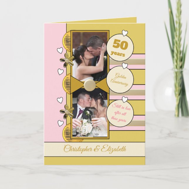 Golden Anniversary 50 years gold and pink photo Card (Front)