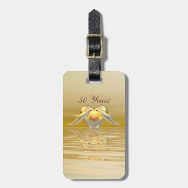 Golden Anniversary Dolphins and Heart Luggage Tag (Front Vertical)