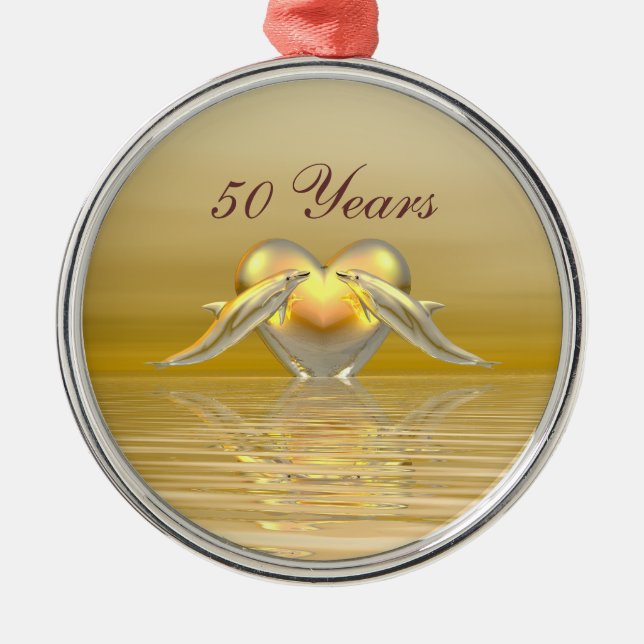 Golden Anniversary Dolphins and Heart Metal Tree Decoration (Front)