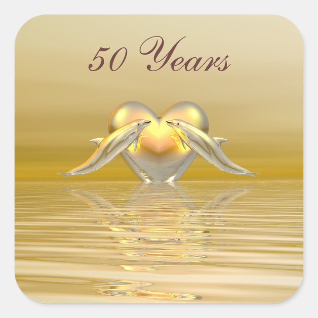 Golden Anniversary Dolphins and Heart Square Sticker (Front)