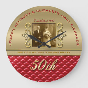 Golden Anniversary Faux Gold Quilted Red Leather Large Clock