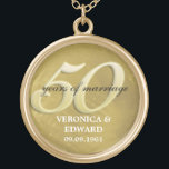 Golden Anniversary Necklace<br><div class="desc">50 years of marriage is reason to celebrate. Honour that special couple in style with this keepsake necklace. A closeup photograph of a brushed gold metal background offsets the large  "5-0" overprinted with your customised text. Add the couple's name and wedding date. Matching products available.</div>