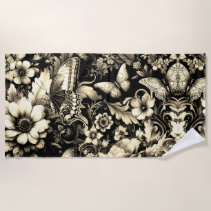 Golden Antique Floral with Butterflies Beach Towel