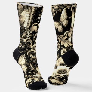 Golden Antique Floral with Butterflies Socks