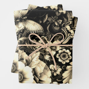 Golden Antique Floral with Butterflies Wrapping Paper Sheet