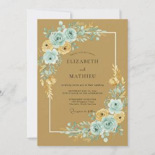 Golden Aqua Ranunculus Eucalyptus Wedding Invitation