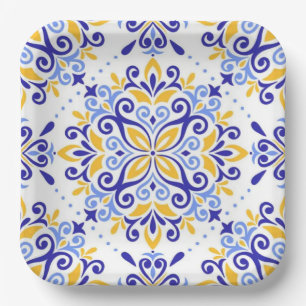Golden Arabesque Elegant Blue Floral Mosaic Paper Plate